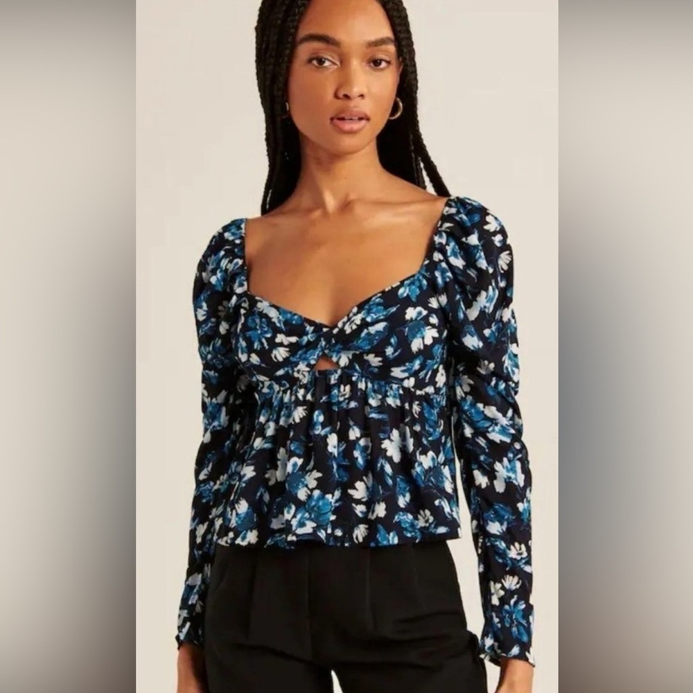 Abercrombie and Fitch Long Sleeve Sheer Babydoll Twist-Front Top Floral Blue